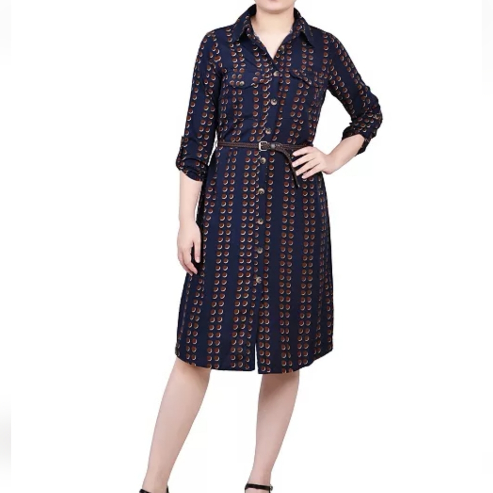 NY Collection Petite 3/4 Roll Tab Sleeve Shirt-Dress